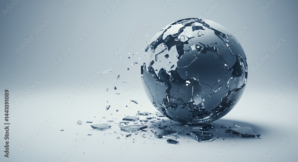 Poster fragmented world globe on white backdrop representing global crisis with shattered earth object and 