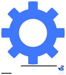 Huge blue gear highlights workflow and productivity concepts while a small person operates a tablet. Ideal for technology, engineering, innovation, teamwork, process, software, simple landing page