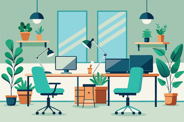 Creative workspace interior with plants, a desk, and modern office furniture in a bright environment designed for productivity and inspiration