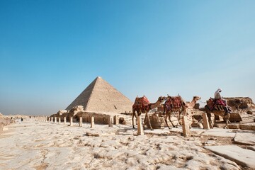 Giza, Egypt - December 24 2023: The Great Pyramid Khufu (Pyramid of Cheops) is the oldest and...