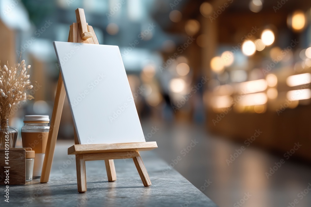 Aufkleber easel with blank canvas in cafe setting for art display