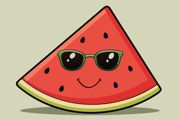 Cheerful watermelon character wearing sunglasses and holding a cane, showcasing a playful summer vibe in a vibrant vector illustration