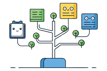 Vector illustration of a cheerful robot interacting with a branching tree structure, showcasing a playful learning environment suited for children