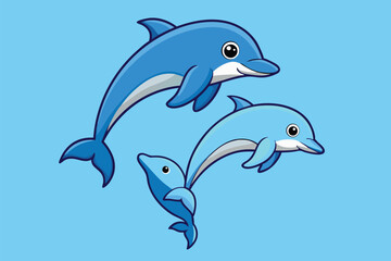 Fototapeta premium Illustration of playful dolphins swimming in a vibrant blue ocean surrounded by bubbles, depicting a joyful underwater scene