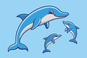 Fototapeta premium Illustration of playful dolphins swimming in a vibrant blue ocean surrounded by bubbles, depicting a joyful underwater scene