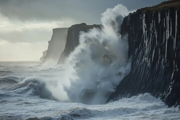 Powerful Atlantic Waves Crashing Against Black Volcanic Cliffs