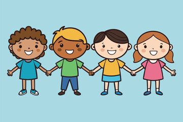 Fototapeta premium Diverse group of children holding hands in a cheerful and inclusive illustration for friendship and unity themes