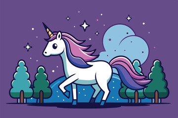 Fototapeta premium Magical unicorn prancing under a starry night sky surrounded by colorful trees in a whimsical landscape