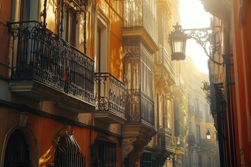 Naklejka premium Colorful Facades and Wrought Iron Balconies on a Narrow Seville Street