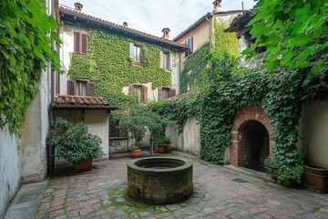 Fototapeta premium Ivy-Covered Courtyard with Old Well and Terracotta Rooftops