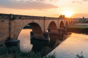 Fototapeta premium Ancient Stone Bridge Over River in Historic Spanish Town at Sunset