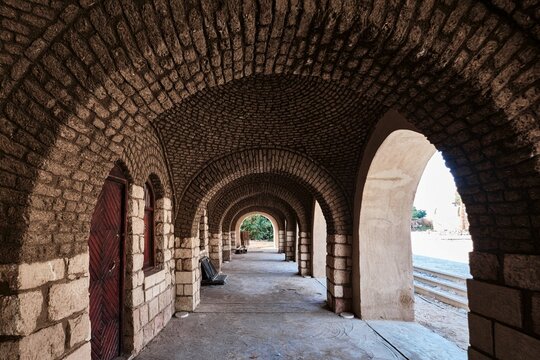 Luxor, Egypt - December 26 2023: New Gourna Village market arcades designed by Hassan Fathy