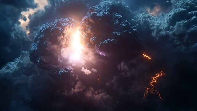 Lightning crack slicing through moody dark clouds with fiery orange illumination
Description: Bright bolt of electricity rips across turbulent sky casting glowing light across thunderous clouds