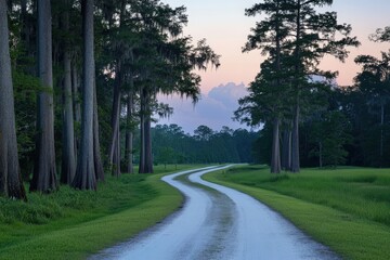 Fototapeta premium Winding Country Road with Tall Cypress Trees in Soft Twilight Light