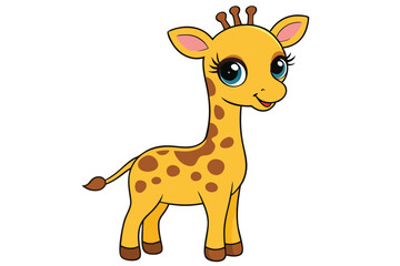 Fototapeta premium Cute cartoon giraffe character with big eyes smiling brightly in a cheerful, playful style suitable for children's media and educational materials
