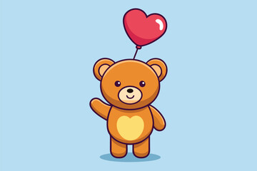 Fototapeta premium Cute bear character holding a heart-shaped balloon in a playful pose with a light blue background