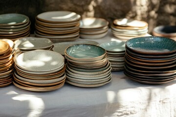 Stacked Handmade Ceramic Plates on Rustic Sunlit Market Stall Table