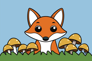 Obraz premium Cute fox character surrounded by mushrooms in a playful vector illustration