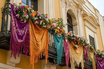 Colorful Andalusian Balconies Decorated with Blankets and Flowers During Fiesta