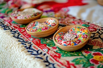 Handmade Wooden Castanets on Colorful Embroidered Fabric at Cultural Fair