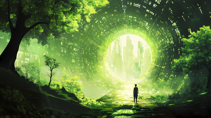 Embracing sustainable development in a cyber landscape, forging a path towards a greener and equitable future with copy space for impact. Conscious Smithy. Illustration