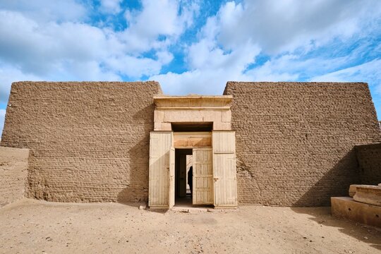 Saqqara, Egypt - January 2, 2024: Ancient Egyptian mastaba tomb in Saqqara Necropolis