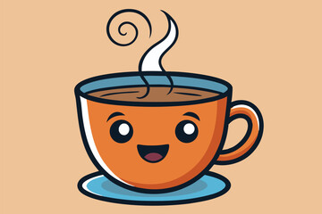 Cute coffee cup illustration with smiley face, steam rising, designed as vector clipart for cheerful designs and branding projects