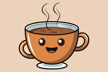 Cute coffee cup illustration with smiley face, steam rising, designed as vector clipart for cheerful designs and branding projects