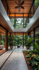 Fototapeta premium elegant mansion lounge corridor with lush tropical plants marble wooden floors spacious interior design contemporary stylish living room premium stock photo interior design decoration