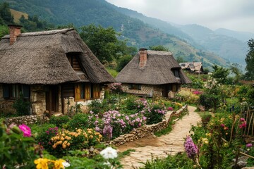 Thatched Roof Cottages Surrounded by Blooming Gardens in Rural Village