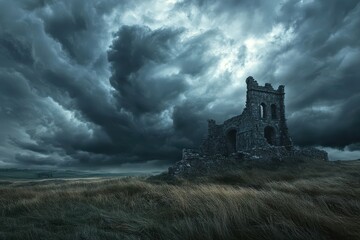 Naklejka premium Medieval Castle Ruins on Moorland Under Dramatic Stormy Sky