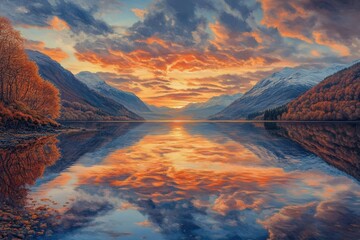 Obraz premium Sunset Over Loch Lomond with Autumn Forests and Mountain Reflections
