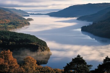 Obraz premium Misty Morning Over Loch Ness with Dark Waters and Low Clouds Hugging Hills