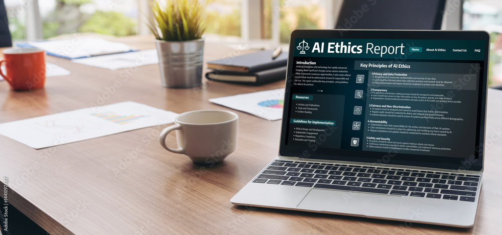Poster ai ethics responsibility standard law and rules on computer screen provide report of ai ethic transp