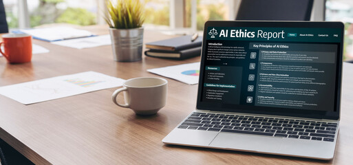 AI ethics responsibility standard law and rules on computer screen provide report of AI ethic transparency preventing technology crime. brisk