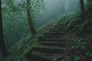 Obraz premium Moss-Covered Stone Steps Leading Through Misty Ancient Forest at Sunrise
