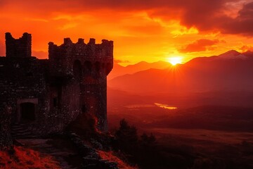 Fototapeta premium Silhouetted Castle Battlements at Sunset Over Highland Lake and Mountains