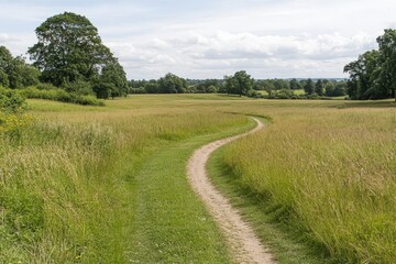 Obraz premium Winding Dirt Road Through Lush Meadow Under Pale Summer Sky