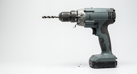 Malfunctioning Gray Power Drill Broken with White Spots on White Backdrop Isolated