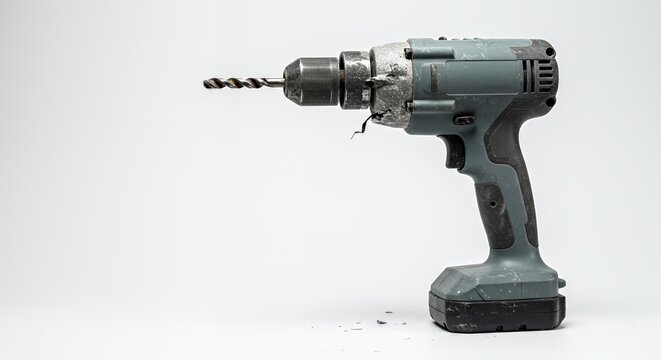 Malfunctioning Gray Power Drill Broken with White Spots on White Backdrop Isolated