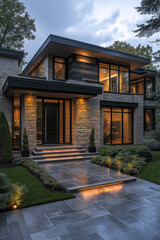 Photographie immobili&egrave;re d'une maison contemporaine de luxe en pierre et verre avec &eacute;clairage ext&eacute;rieur chaleureux, jardin paysager et chemin pav&eacute; &eacute;l&eacute;gant au cr&eacute;puscule