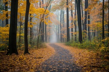 Fototapeta premium Misty Morning Path Through Golden Autumn Forest with Swirling Fog