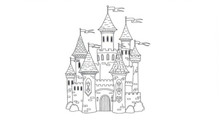 Obraz premium Fantasy Castle Coloring Page with Tall Towers and Flags