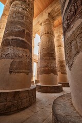 Luxor, Egypt - December 26 2023: Hypostyle Hall with huge columns in Karnak temple