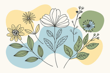 Set of different flowers and brunch from flat editable stroke. Luxury line floral collection for wedding invitation art, design template of save the date card. Botanical vector illustration.