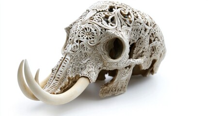 Naklejka premium Intricate Elephant Skull Carving, White Background, Art