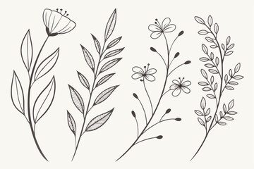 Set of different flowers and brunch from flat editable stroke. Luxury line floral collection for wedding invitation art, design template of save the date card. Botanical vector illustration.