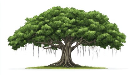 Lush Banyan Tree Isolated on White Background