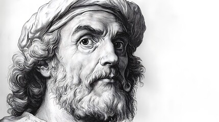 Close-up portrait of a historical figure in grayscale.
