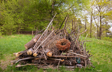Natural rustic shelter made of assorted branches and logs, nestled in a vibrant green meadow surrounded by lush trees, showcasing the beauty of nature and outdoor craftsmanship in a serene environment